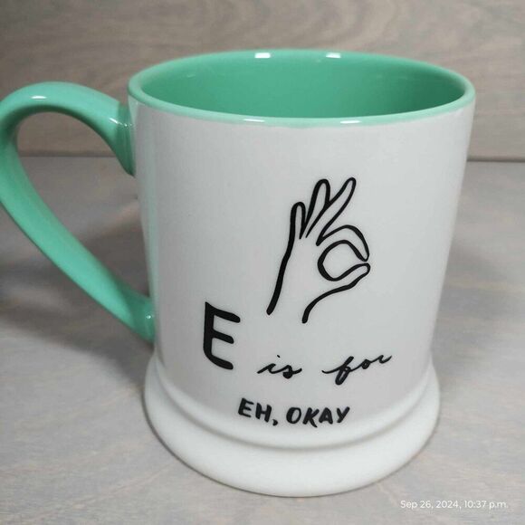 E is for‎ Eh, okay. Indigo mug E names okay symbol. Bright teal - Picture 8 of 13